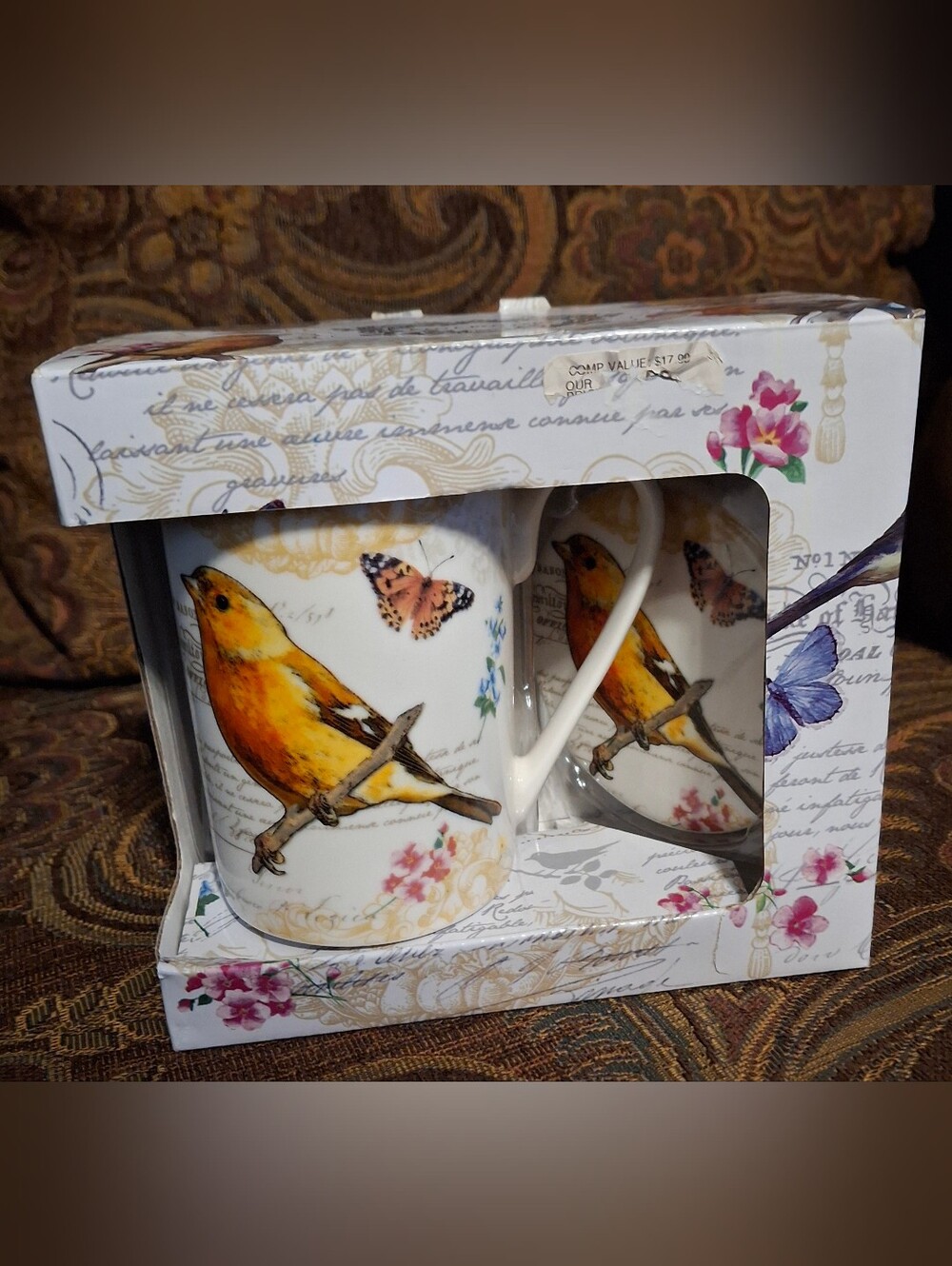 Kent Pottery Bird & Butterfly Ceramic Mug Set - With Lid